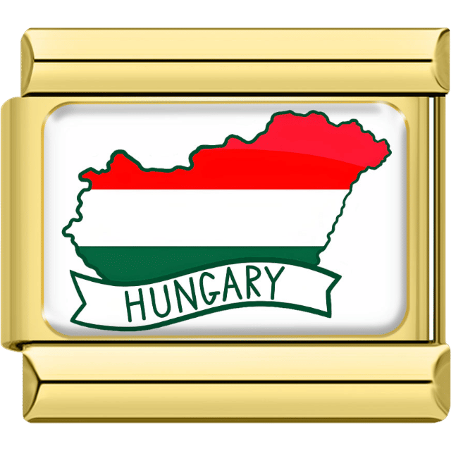 Gold-bordered Italian charm showing the map of Hungary in red, white, and green flag stripes with a banner labeled “Hungary.”